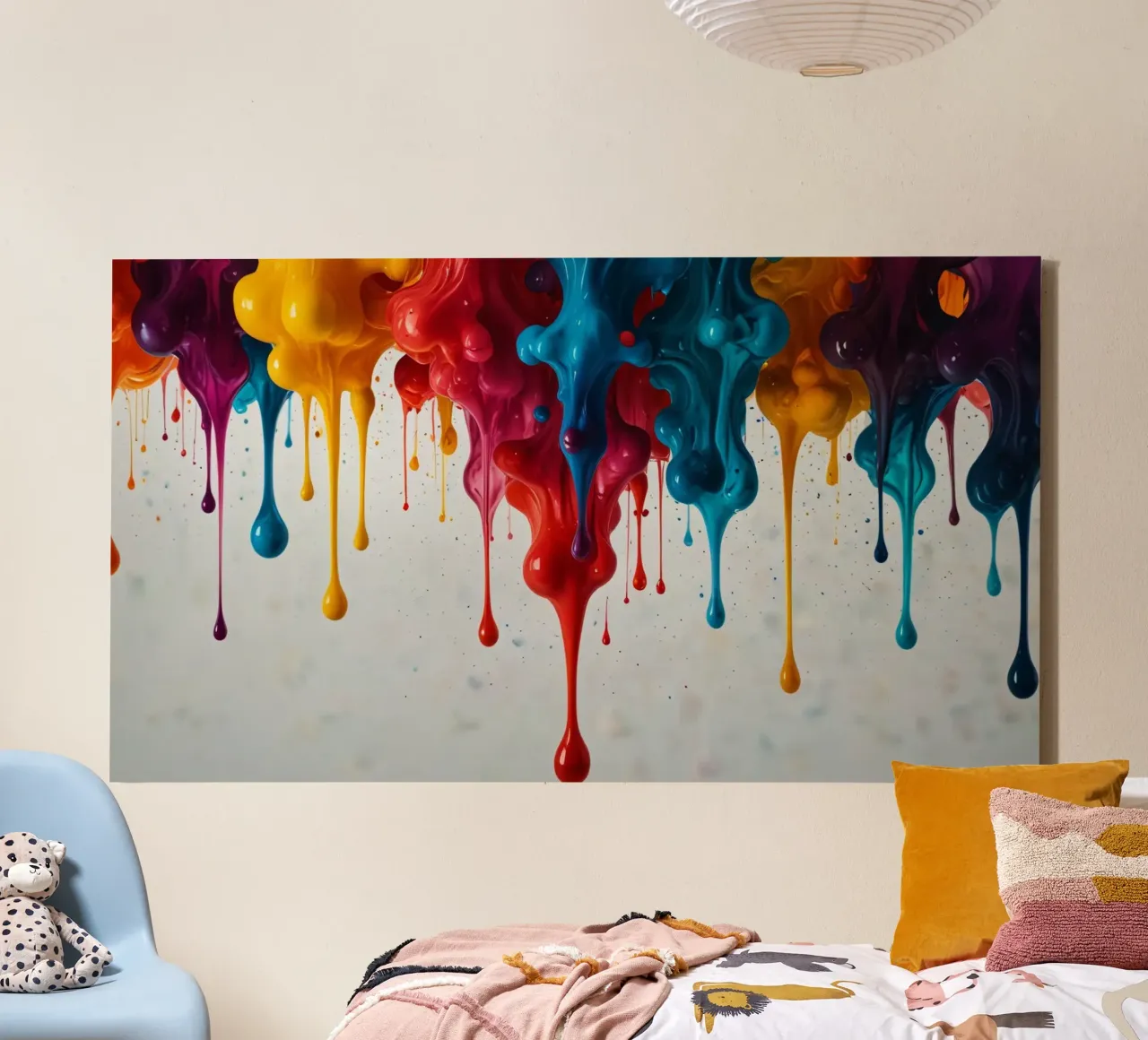 Vibrant paint drips cascading down a white surface canvas with Floater frame by DesignDoodle