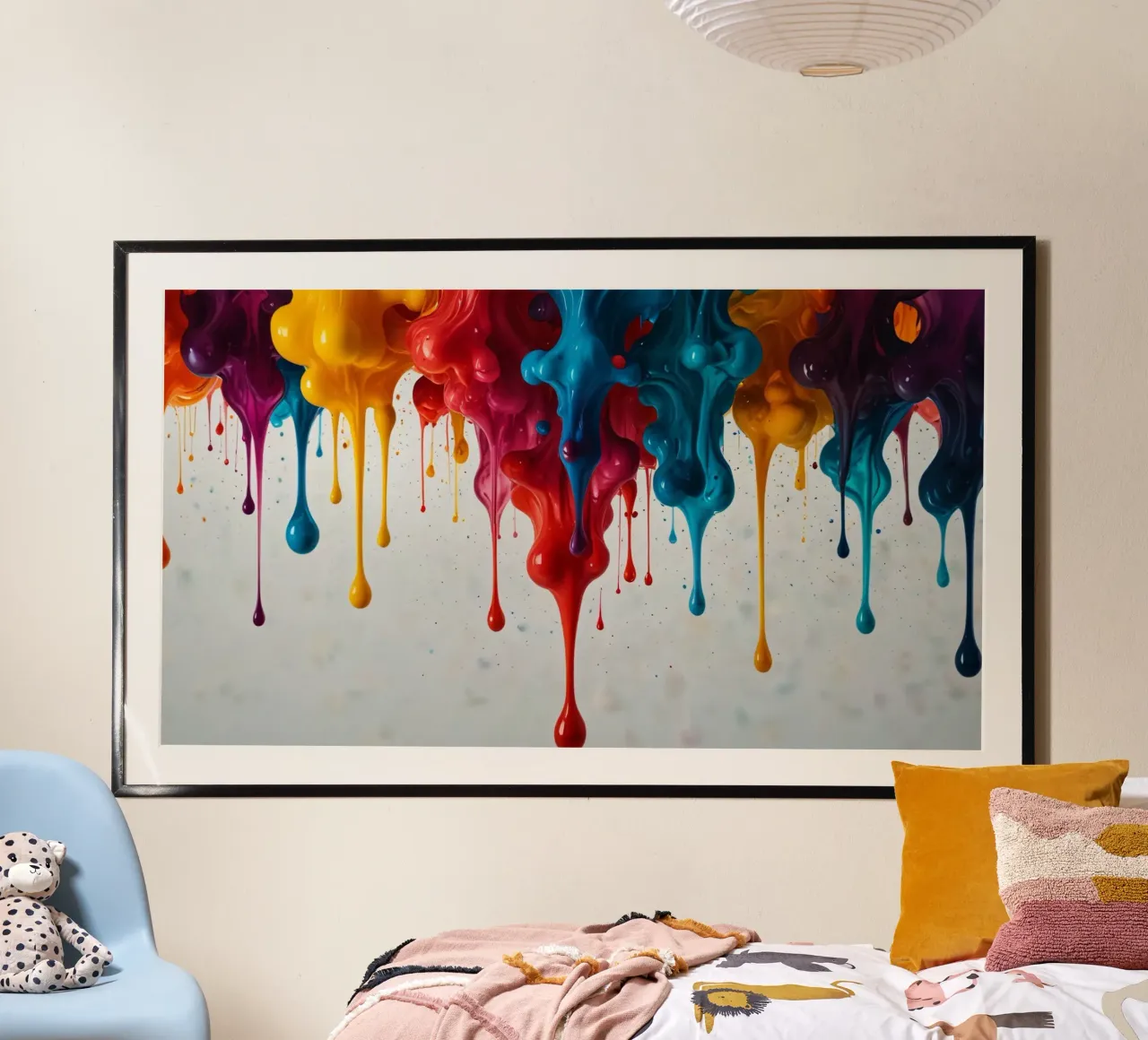 Gocce di vernice vibrante che scendono a cascata su una superficie bianca poster da DesignDoodle