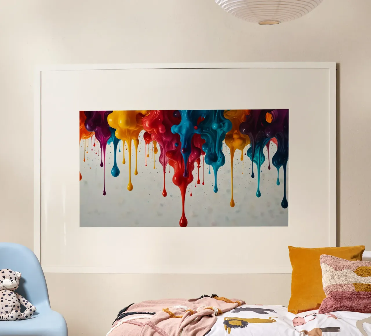 Gocce di vernice vibrante che scendono a cascata su una superficie bianca poster da DesignDoodle