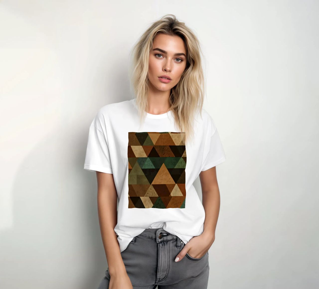 Colorful geometric pattern of alternating triangles in shade t-shirt by DesignDoodle