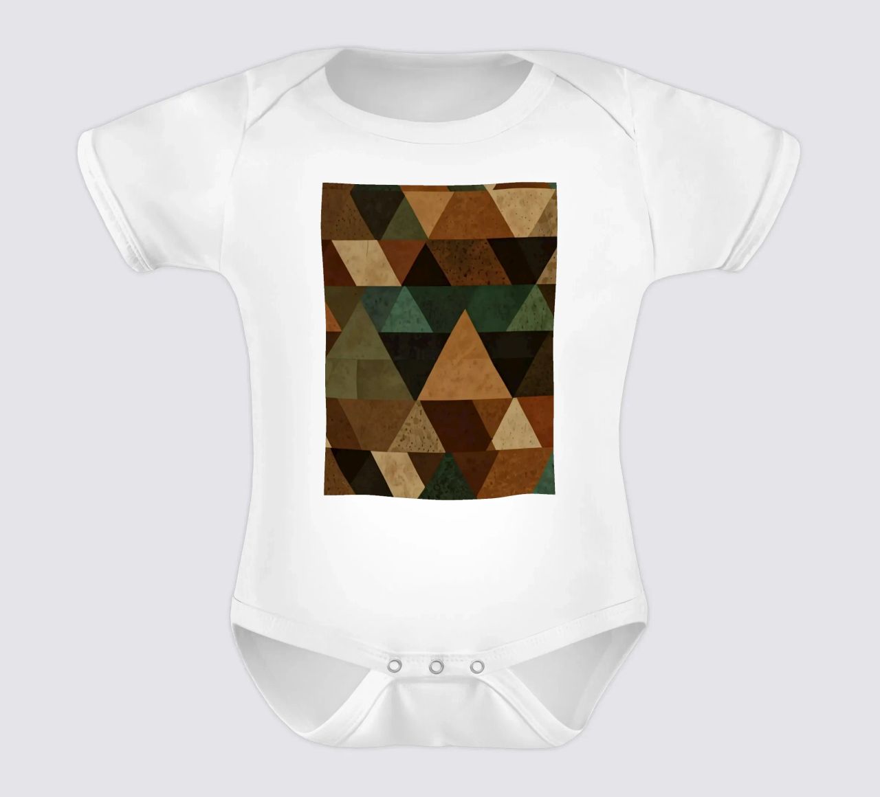 Colorful geometric pattern of alternating triangles in shade short-sleeve baby romper by DesignDoodle