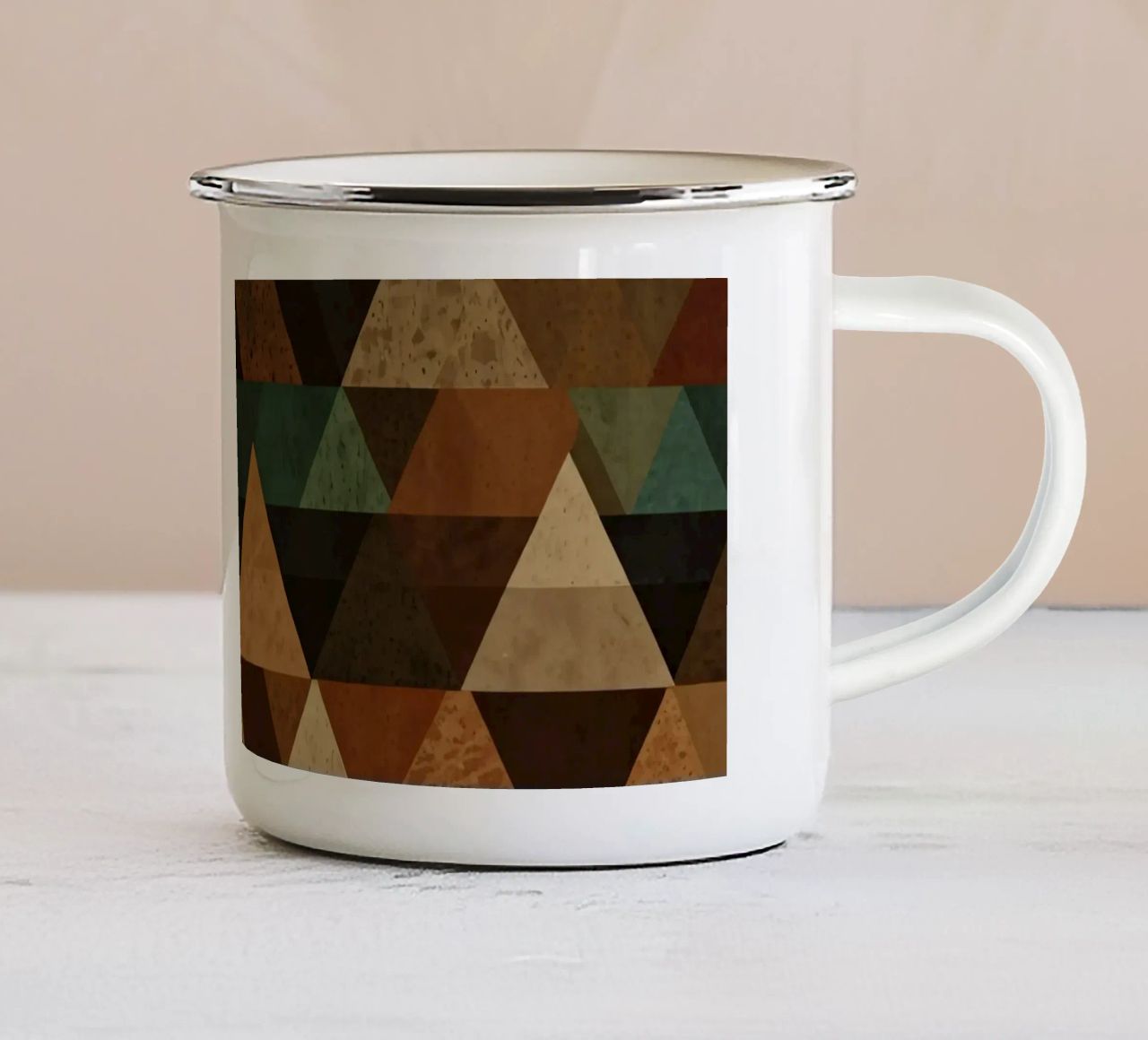 Colorful geometric pattern of alternating triangles in shade enamel mug by DesignDoodle