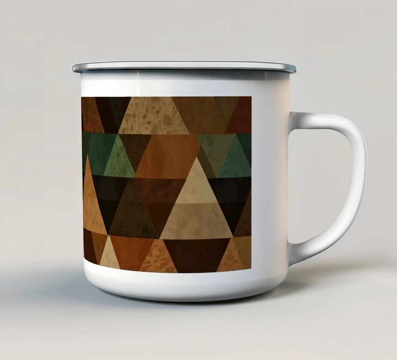 Colorful geometric pattern of alternating triangles in shade enamel mug by DesignDoodle
