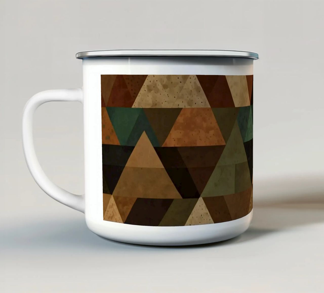 Colorful geometric pattern of alternating triangles in shade enamel mug by DesignDoodle