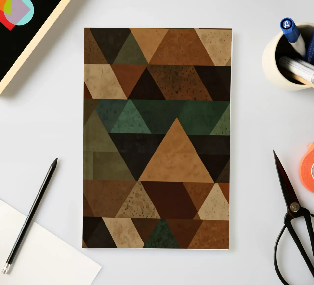 Colorful geometric pattern of alternating triangles in shade notebook by DesignDoodle
