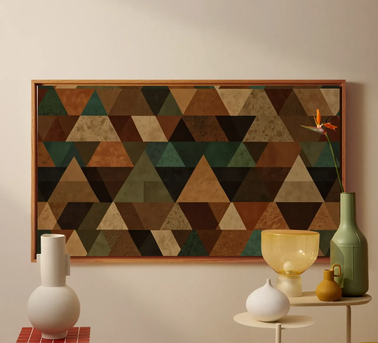 Colorful geometric pattern of alternating triangles in shade canvas by DesignDoodle
