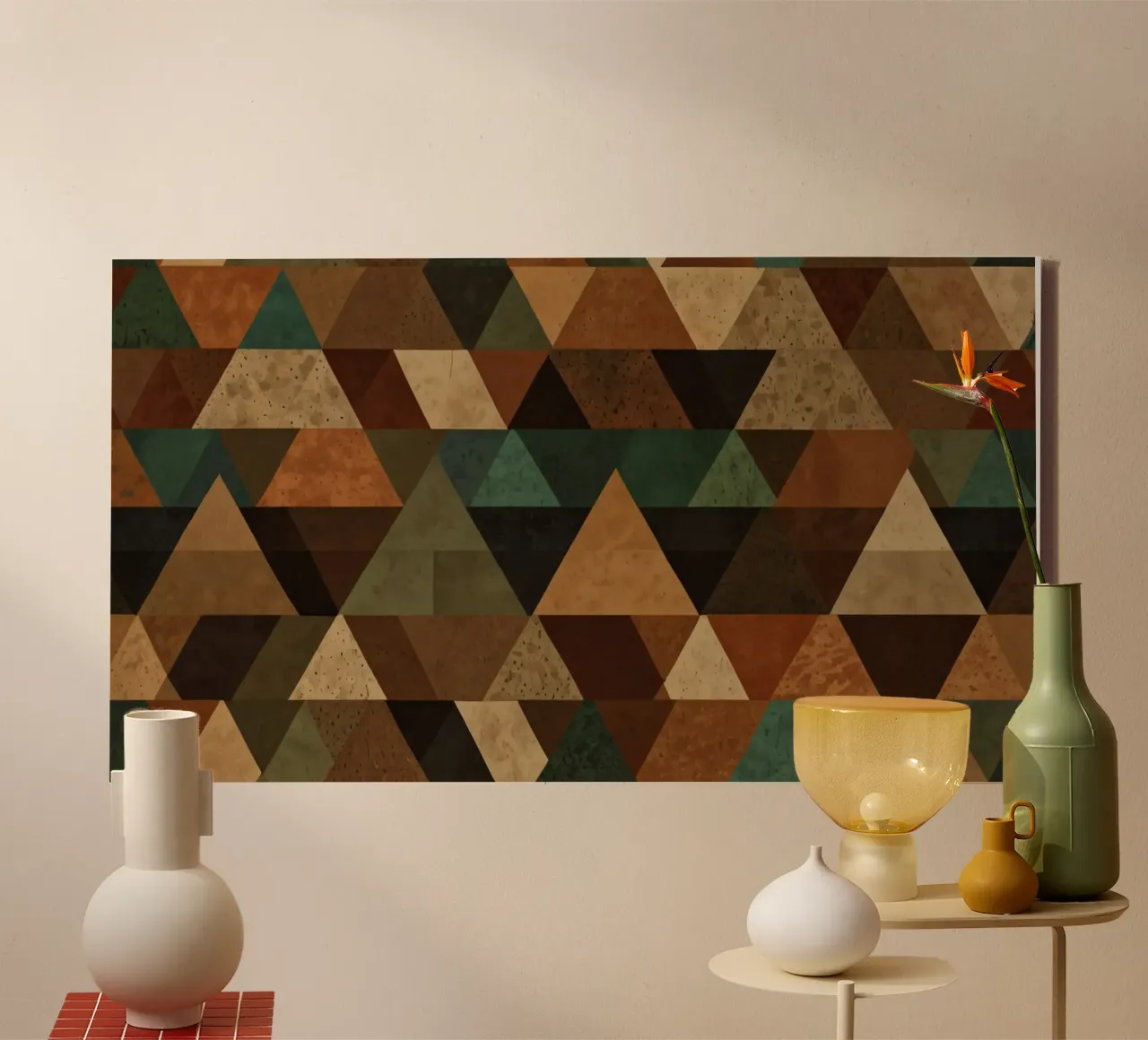Colorful geometric pattern of alternating triangles in shade canvas by DesignDoodle