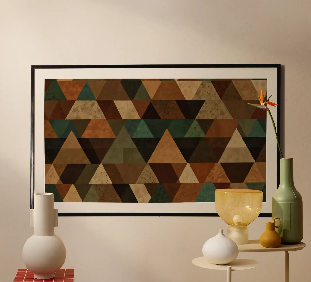 Colorful geometric pattern of alternating triangles in shade hahnemühle by DesignDoodle