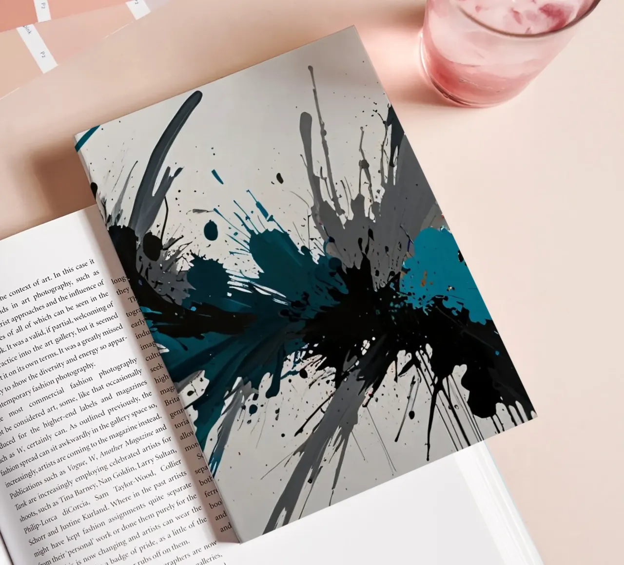 Dynamic abstract artwork featuring bold splashes of teal, notebook by DesignDoodle