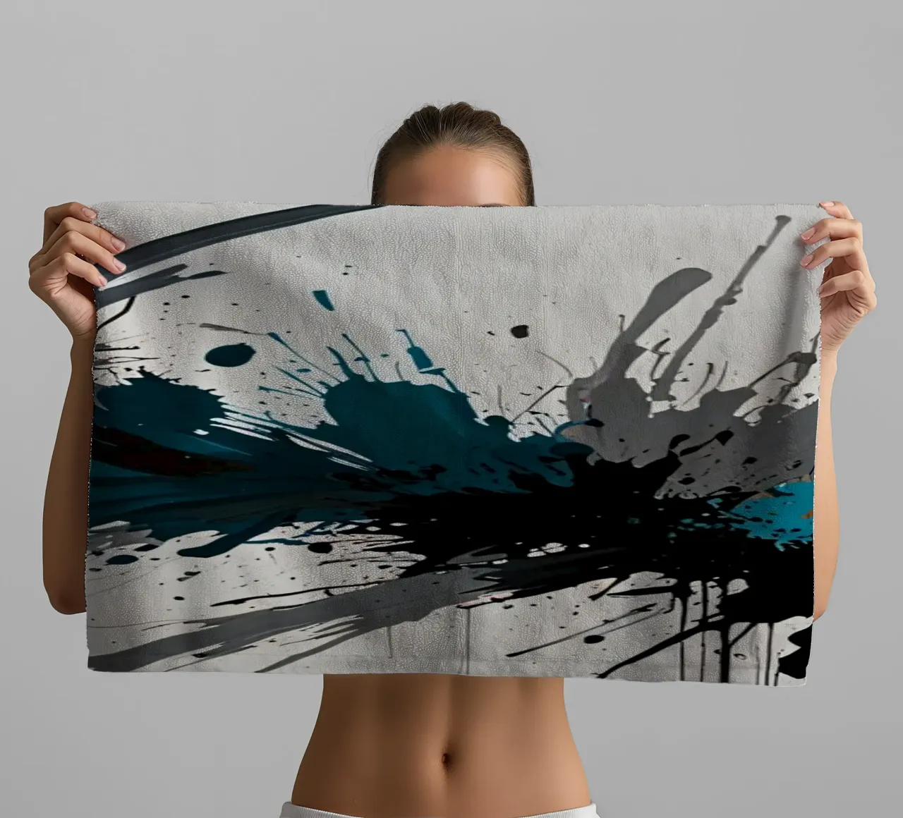 Dynamic abstract artwork featuring bold splashes of teal, towel by DesignDoodle