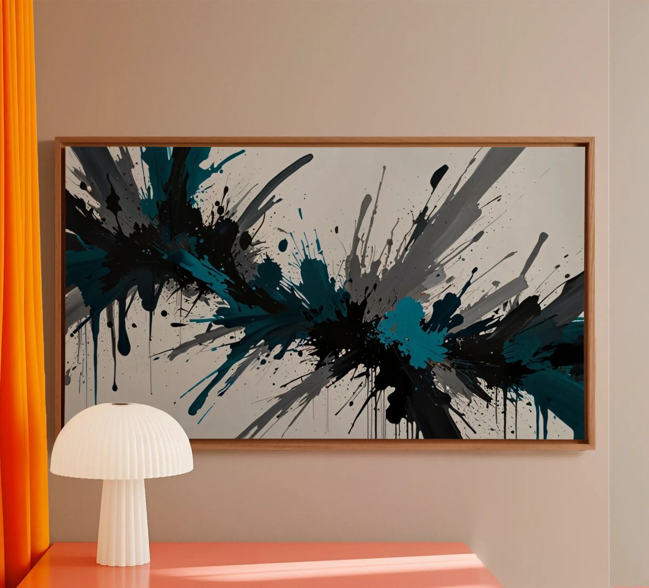 Dinamica opera d'arte astratta con audaci spruzzi di verde acqua, tela da DesignDoodle