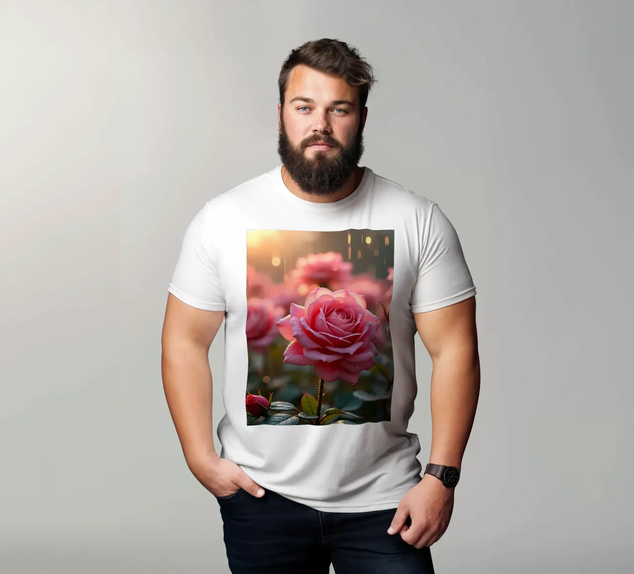 Rosen glitzern im Regen während eines lebendigen Sonnenaufgangs in einem üppigen T-Shirt von DesignDoodle