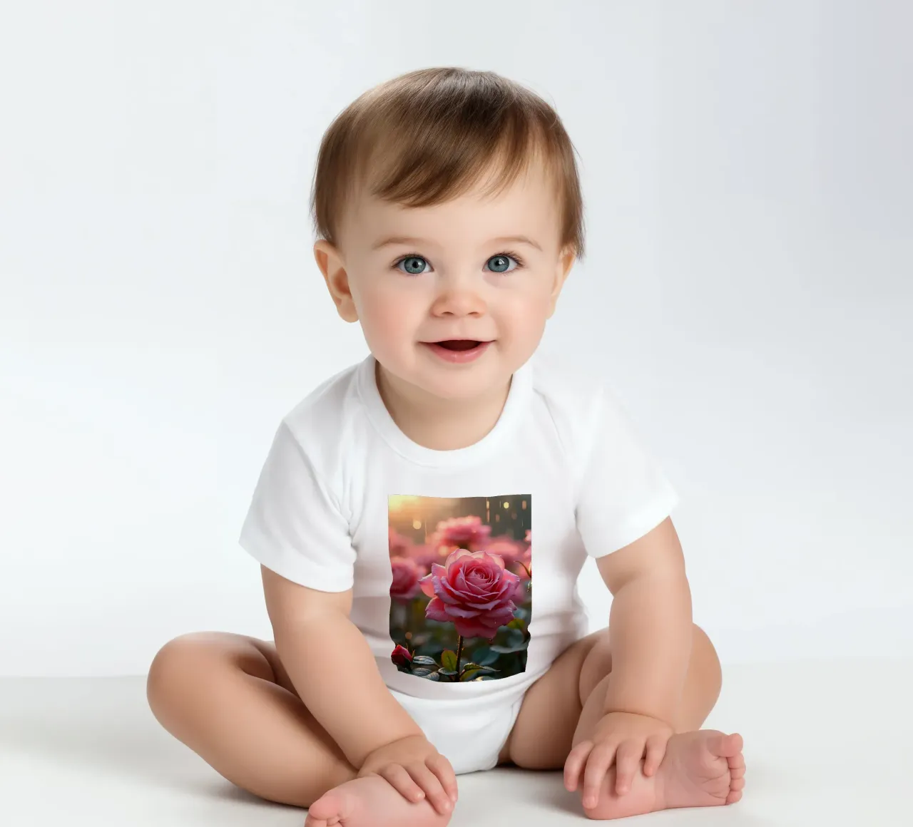 Rosen glitzern im Regen während eines lebendigen Sonnenaufgangs in einem üppigen Kurzarm Babybody von DesignDoodle