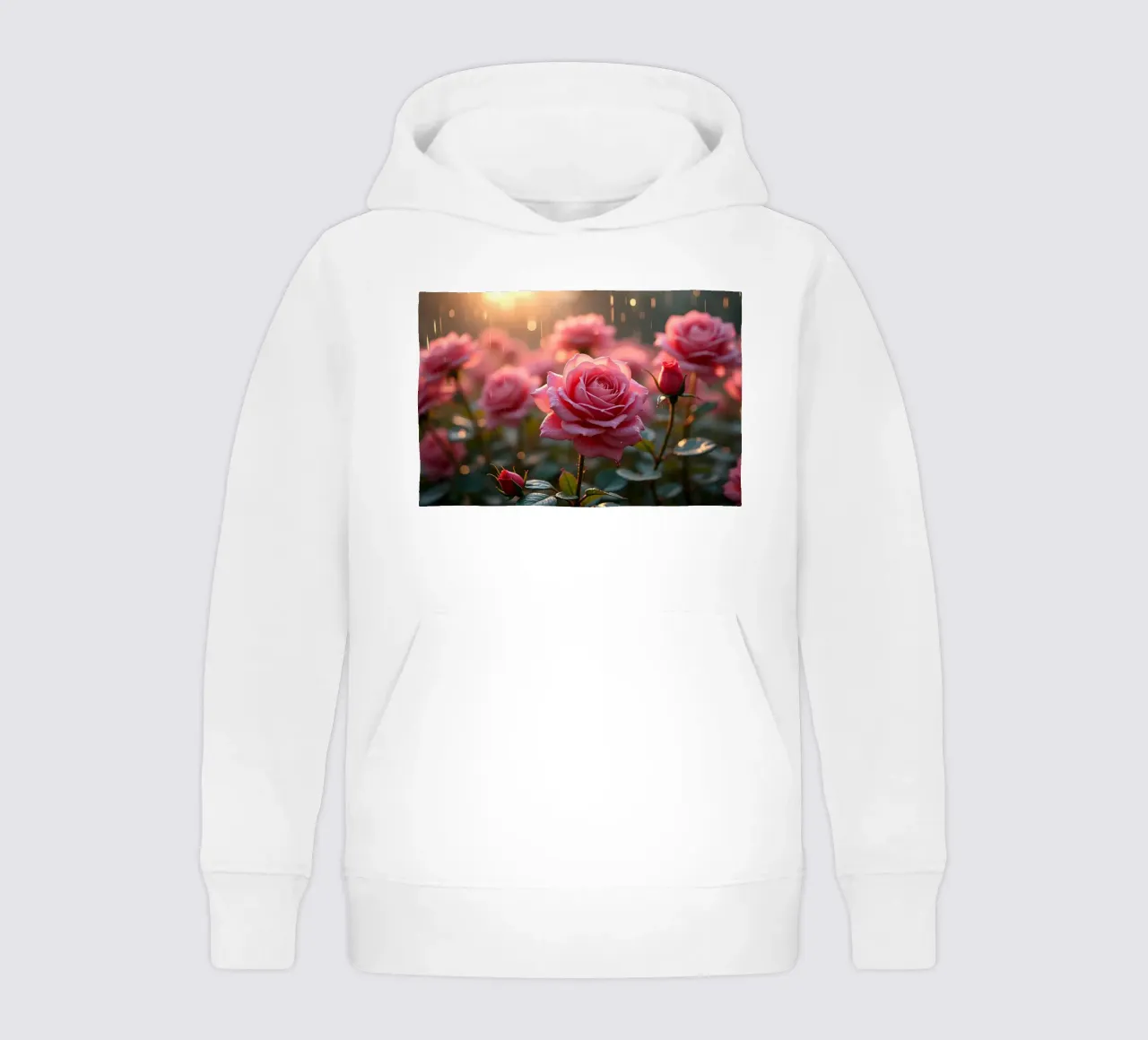 Rosen glitzern im Regen während eines lebendigen Sonnenaufgangs in einem üppigen Kinder Hoodie von DesignDoodle