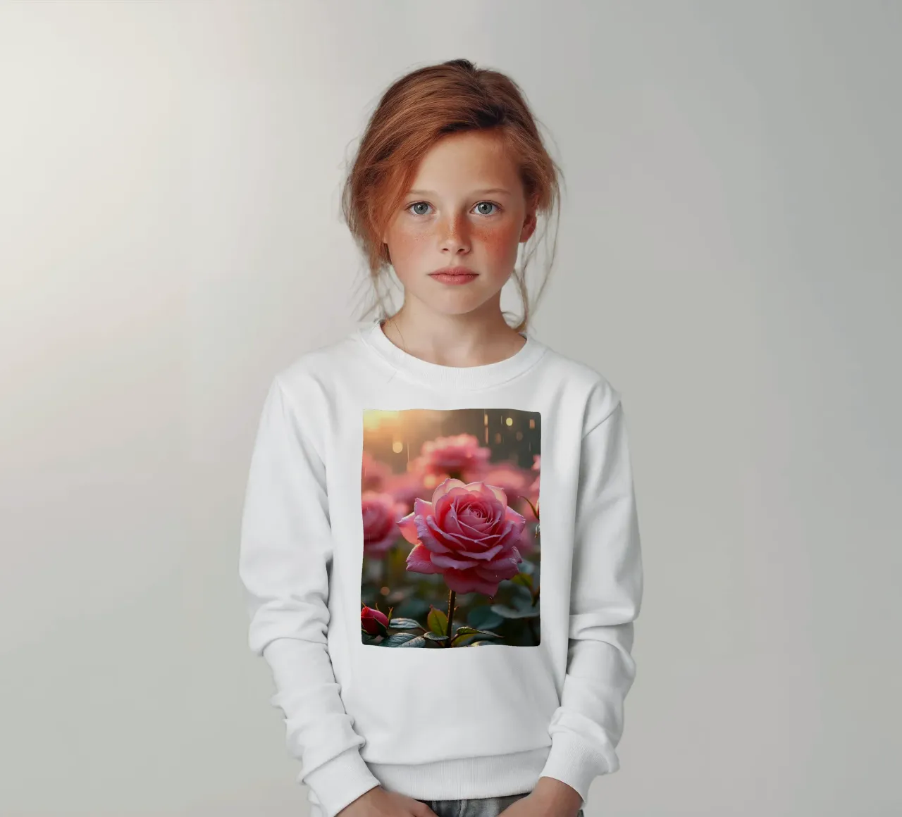 Roses glisten in the rain during a vibrant sunrise in a lush kids sweatshirt by DesignDoodle