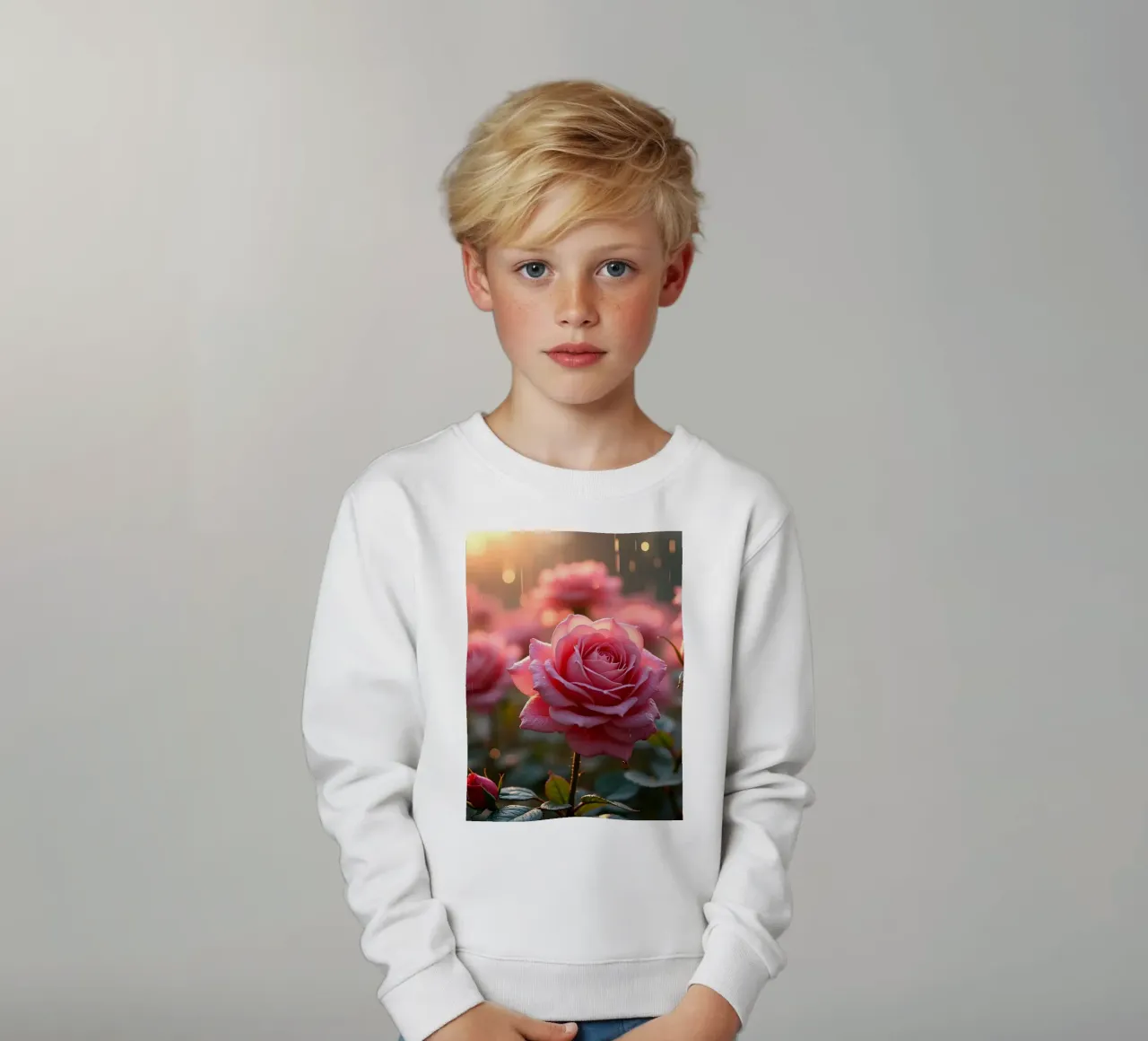 Roses glisten in the rain during a vibrant sunrise in a lush kids sweatshirt by DesignDoodle