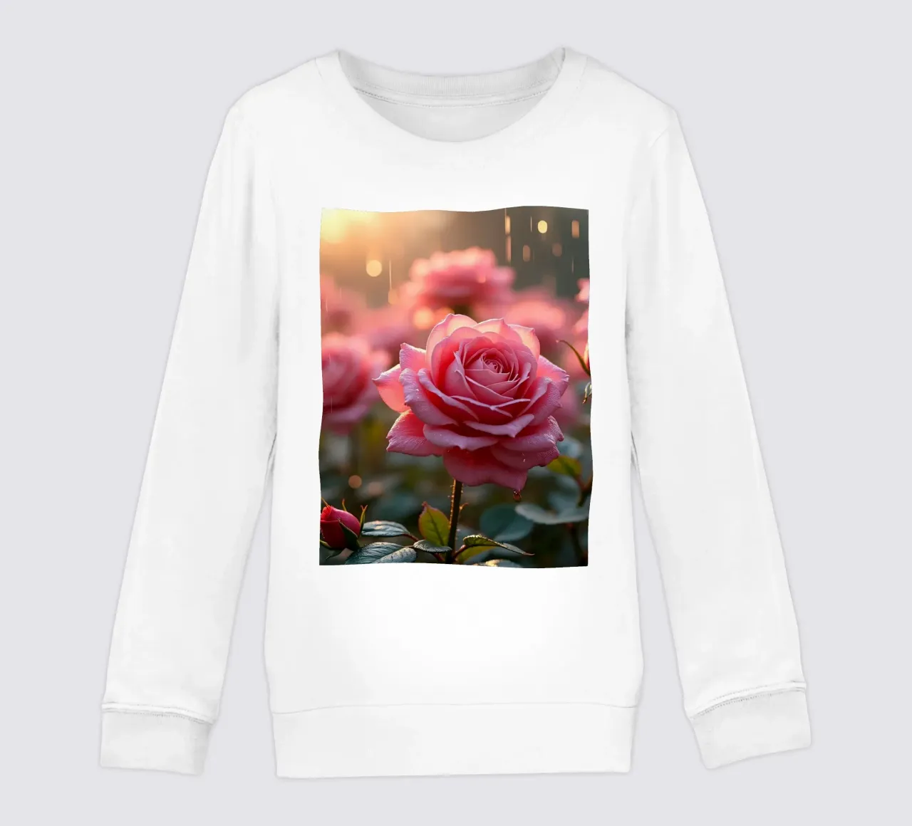 Roses glisten in the rain during a vibrant sunrise in a lush kids sweatshirt by DesignDoodle