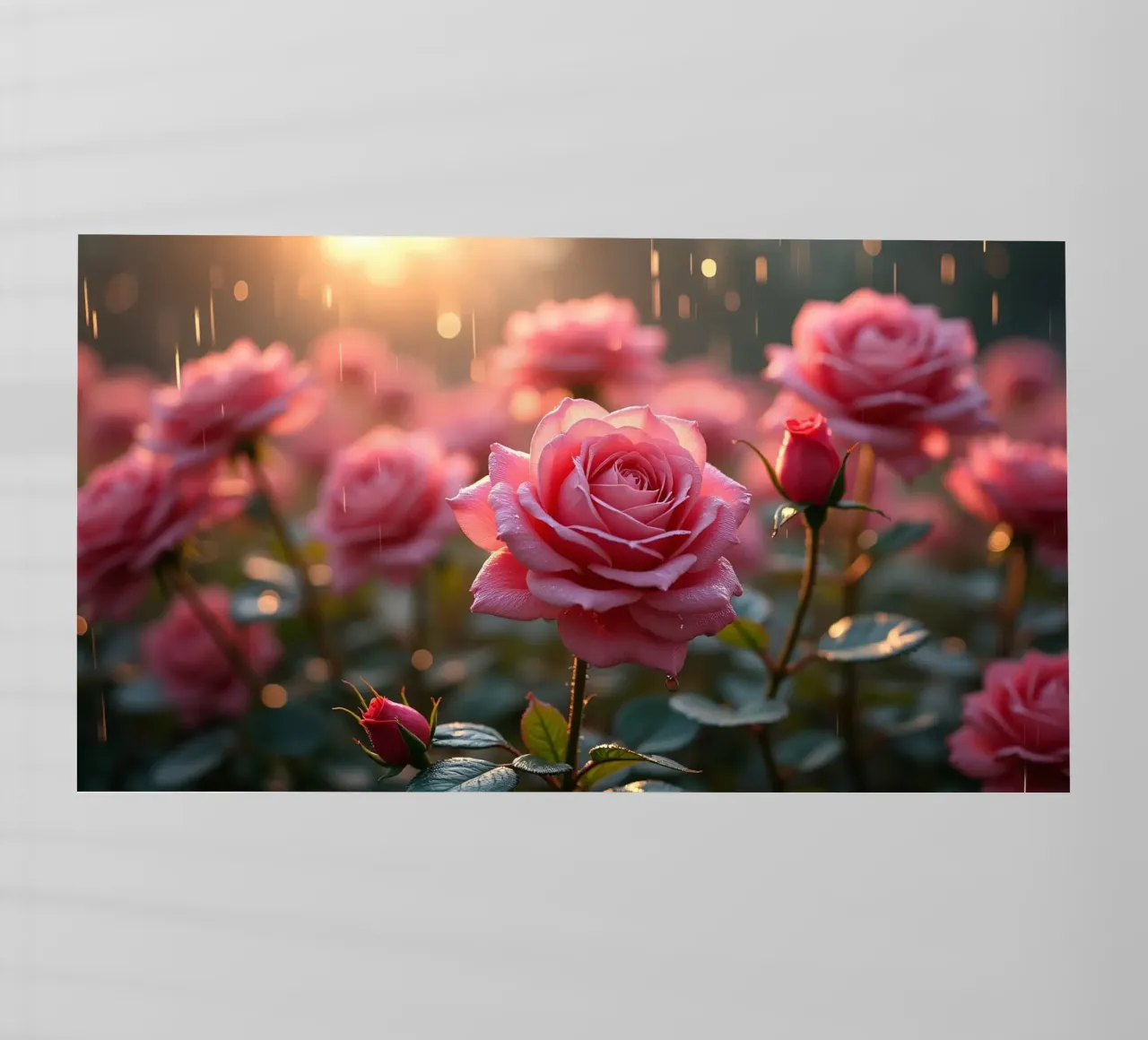 Le rose scintillano sotto la pioggia durante un'alba vibrante in una lussureggiante pellicola backlit da DesignDoodle