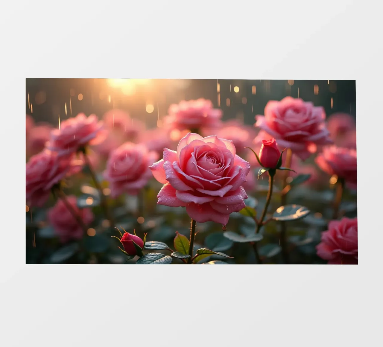 Le rose scintillano sotto la pioggia durante un'alba vibrante in una lussureggiante pellicola backlit da DesignDoodle