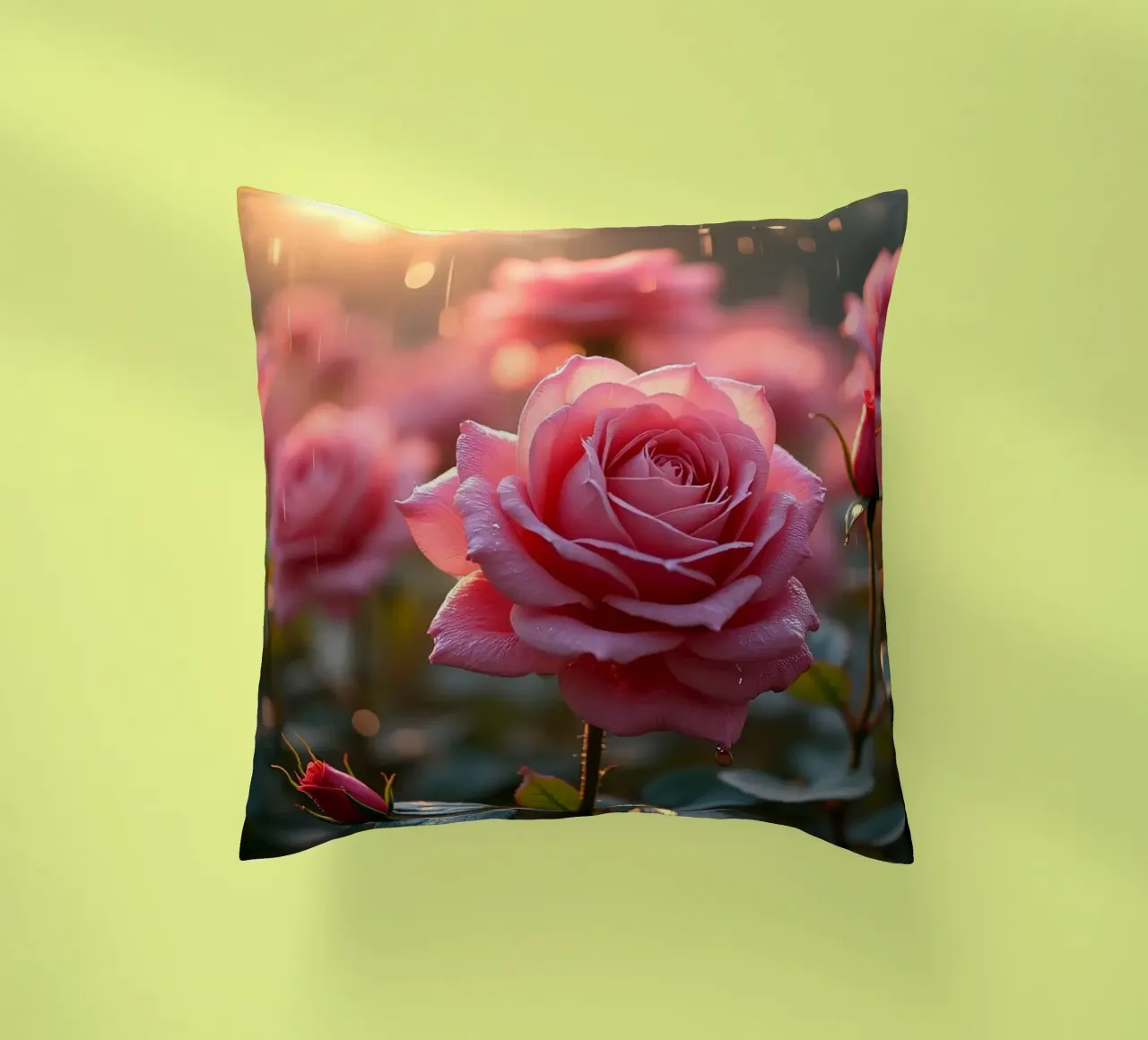 Le rose scintillano sotto la pioggia durante un'alba vibrante in una lussureggiante cuscino da DesignDoodle