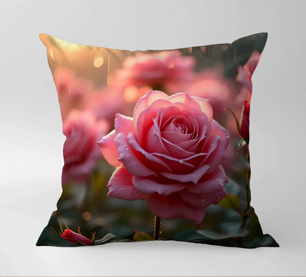 Le rose scintillano sotto la pioggia durante un'alba vibrante in una lussureggiante cuscino da DesignDoodle