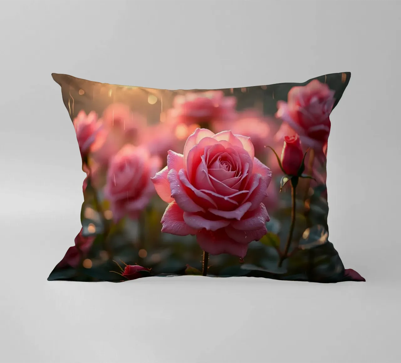 Le rose scintillano sotto la pioggia durante un'alba vibrante in una lussureggiante cuscino da DesignDoodle