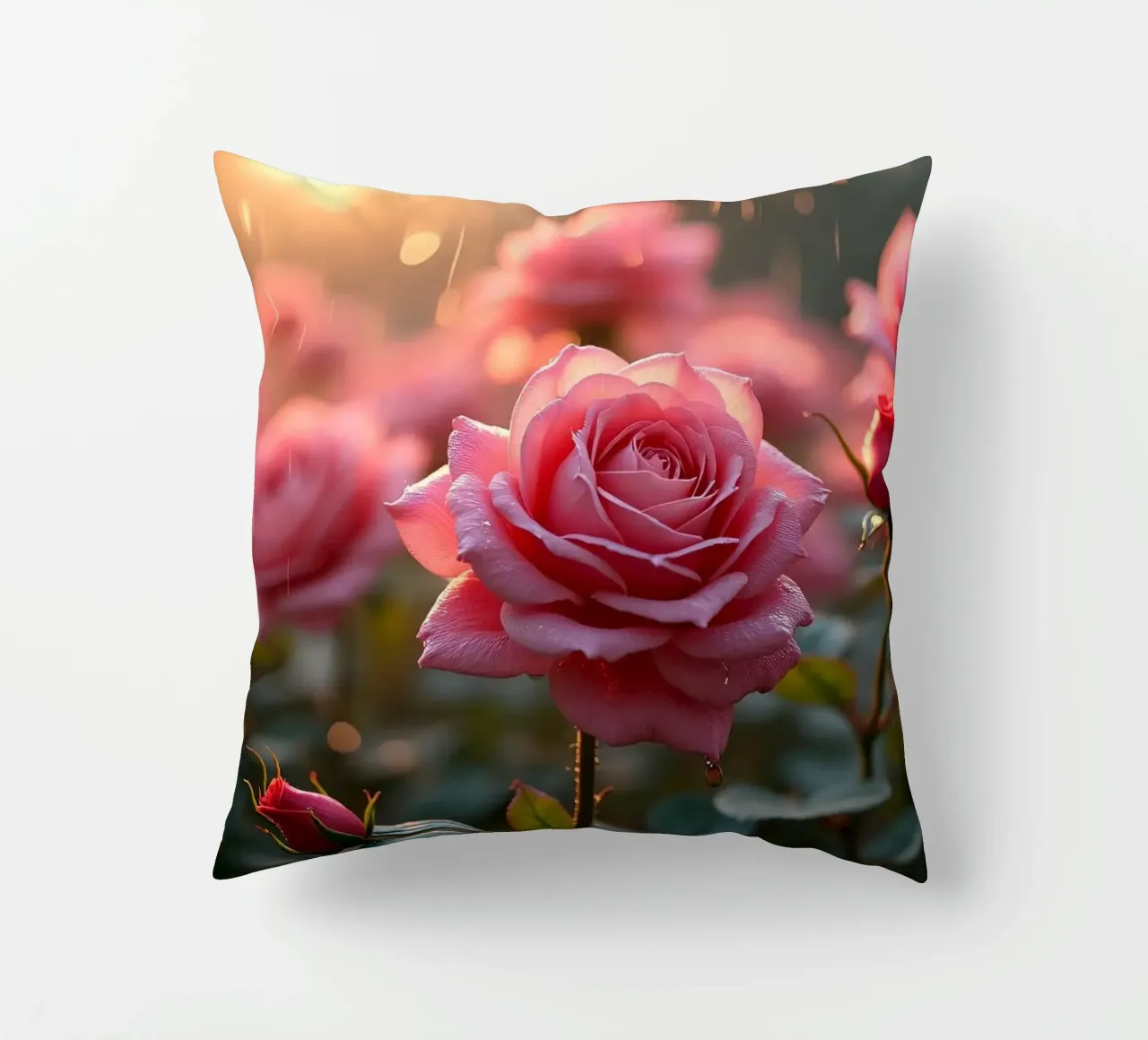 Le rose scintillano sotto la pioggia durante un'alba vibrante in una lussureggiante cuscino da DesignDoodle