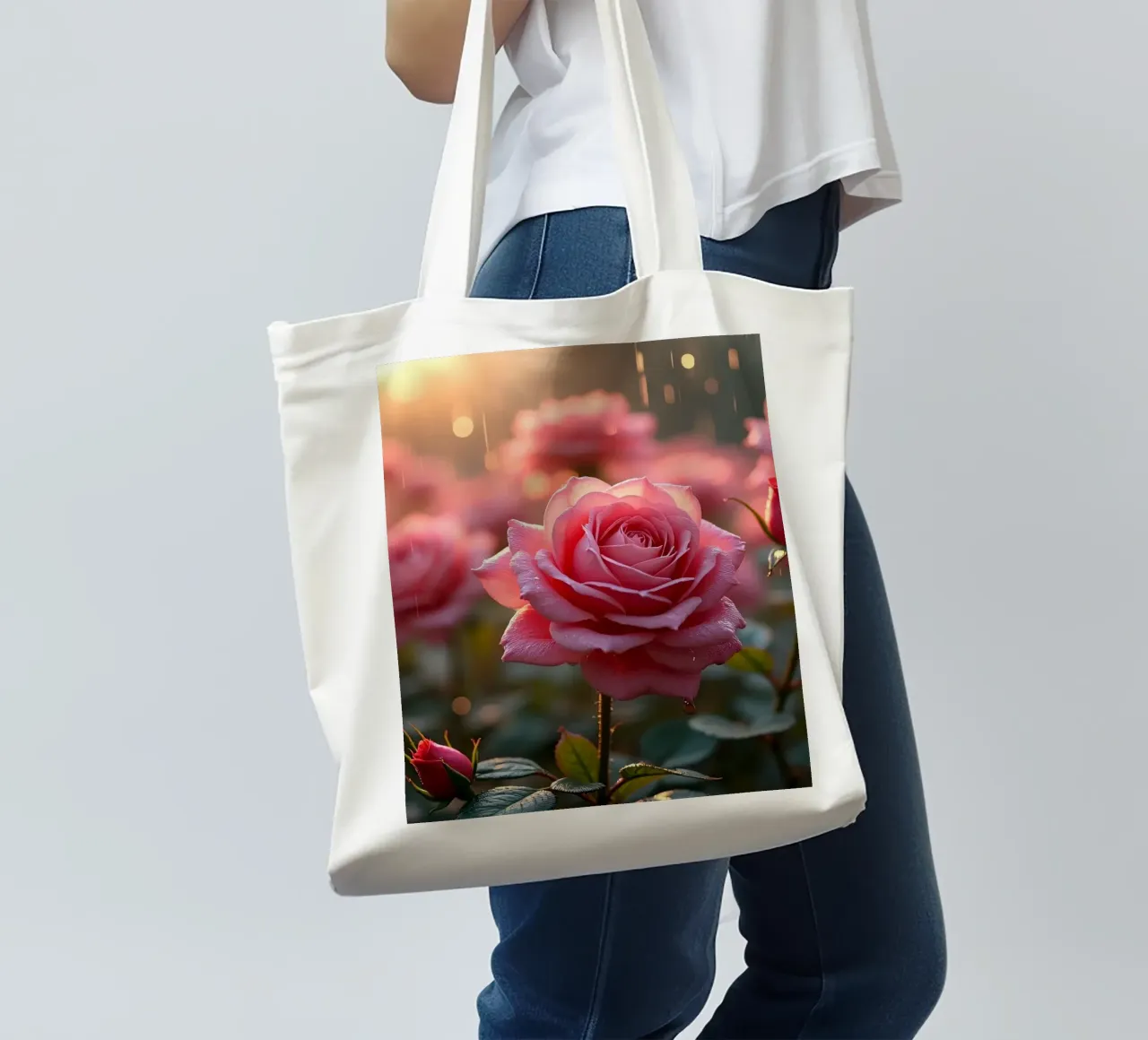 Rosen glitzern im Regen während eines lebendigen Sonnenaufgangs in einem üppigen Jutebeutel von DesignDoodle
