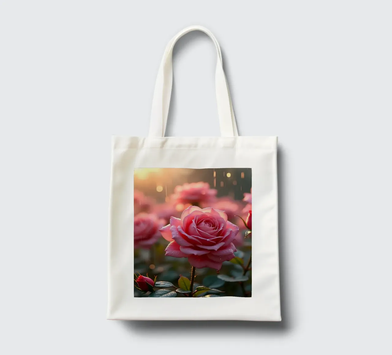 Rosen glitzern im Regen während eines lebendigen Sonnenaufgangs in einem üppigen Jutebeutel von DesignDoodle