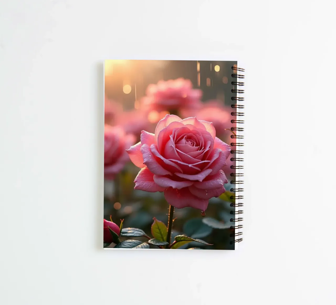 Rosen glitzern im Regen während eines lebendigen Sonnenaufgangs in einem üppigen Ringbuch von DesignDoodle