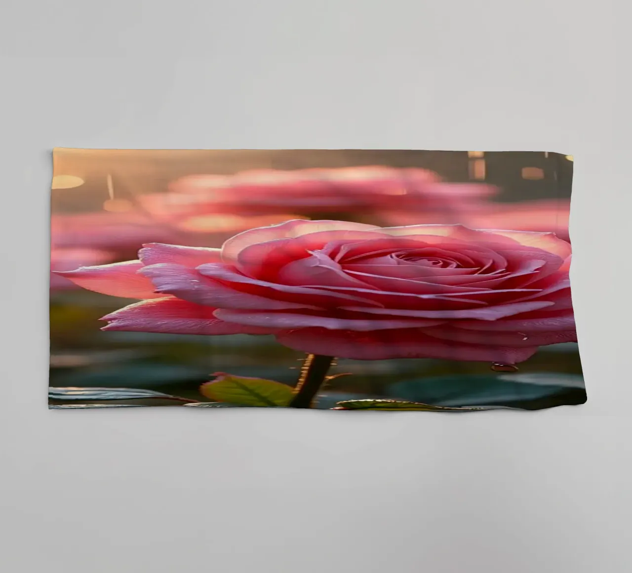 Rosen glitzern im Regen während eines lebendigen Sonnenaufgangs in einem üppigen Handtuch von DesignDoodle