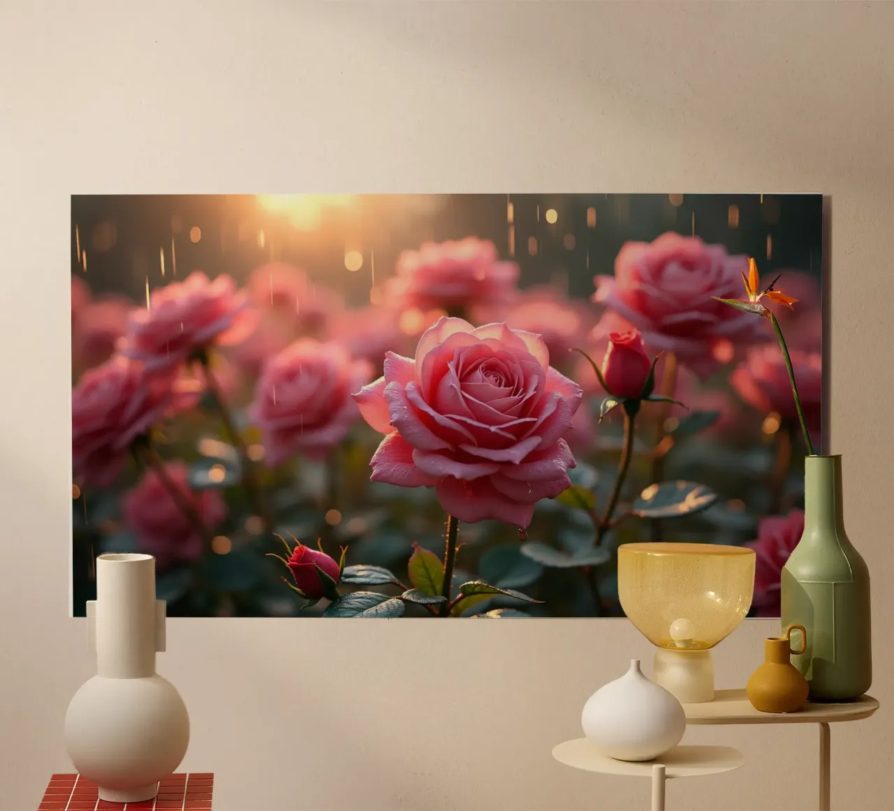 Rosen glitzern im Regen während eines lebendigen Sonnenaufgangs in einem üppigen Alu-Dibond von DesignDoodle