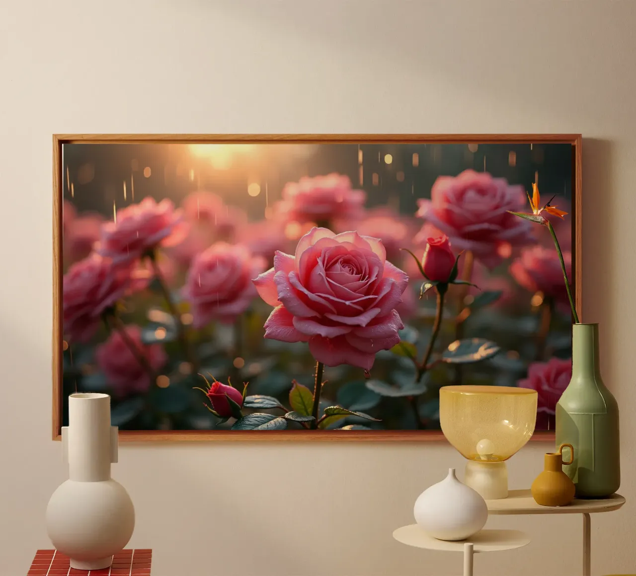 Rosen glitzern im Regen während eines lebendigen Sonnenaufgangs in einem üppigen Leinwand mit Schattenfugenrahmen von DesignDoodle