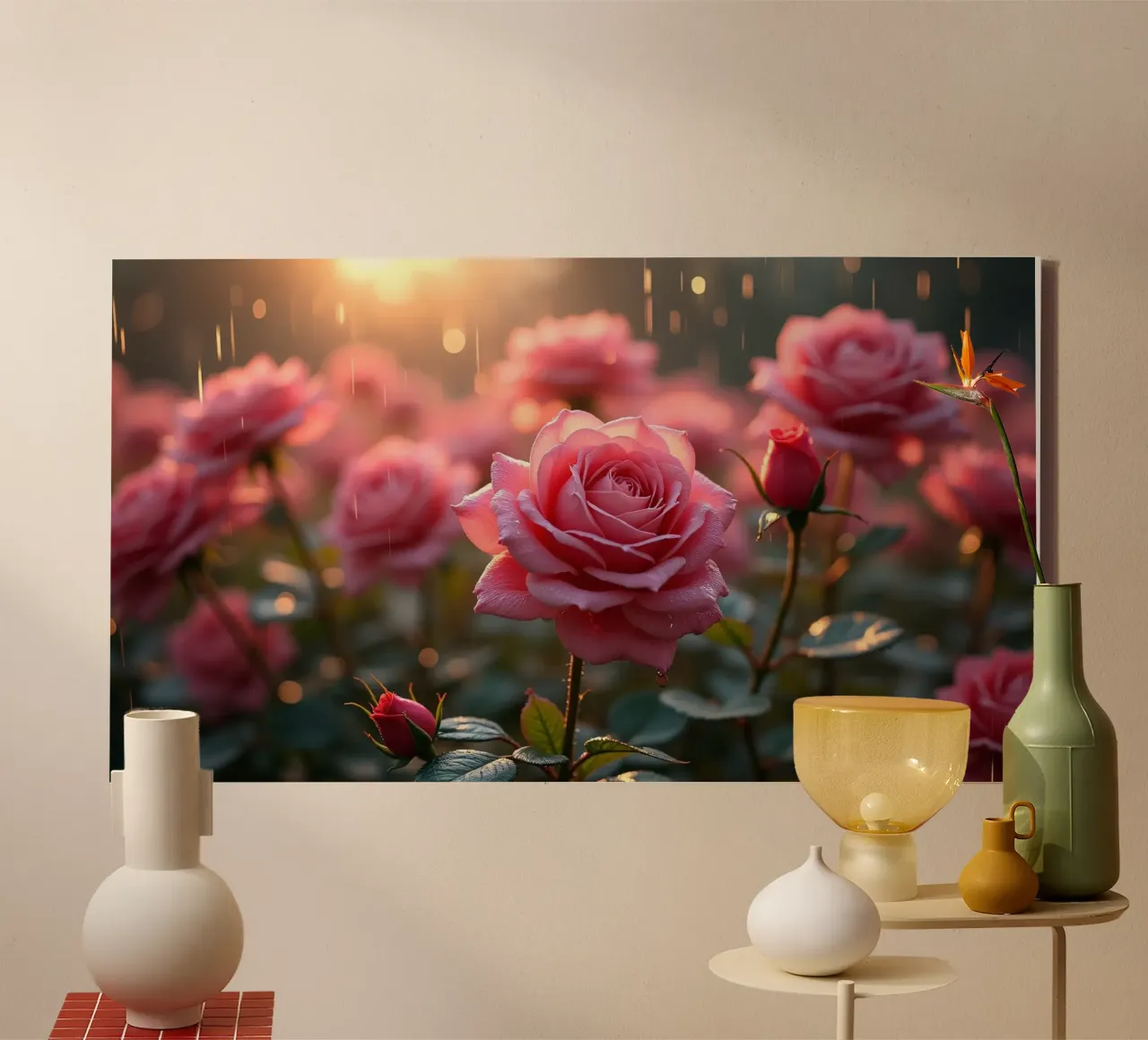 Rosen glitzern im Regen während eines lebendigen Sonnenaufgangs in einem üppigen Leinwand mit Schattenfugenrahmen von DesignDoodle