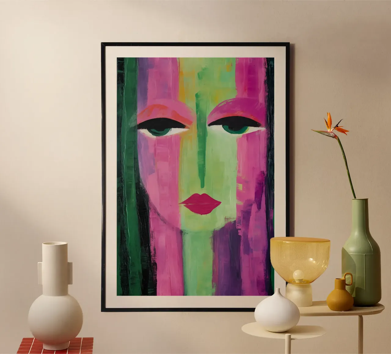 Ritratto femminile astratto poster con telaio in legno da Imagine