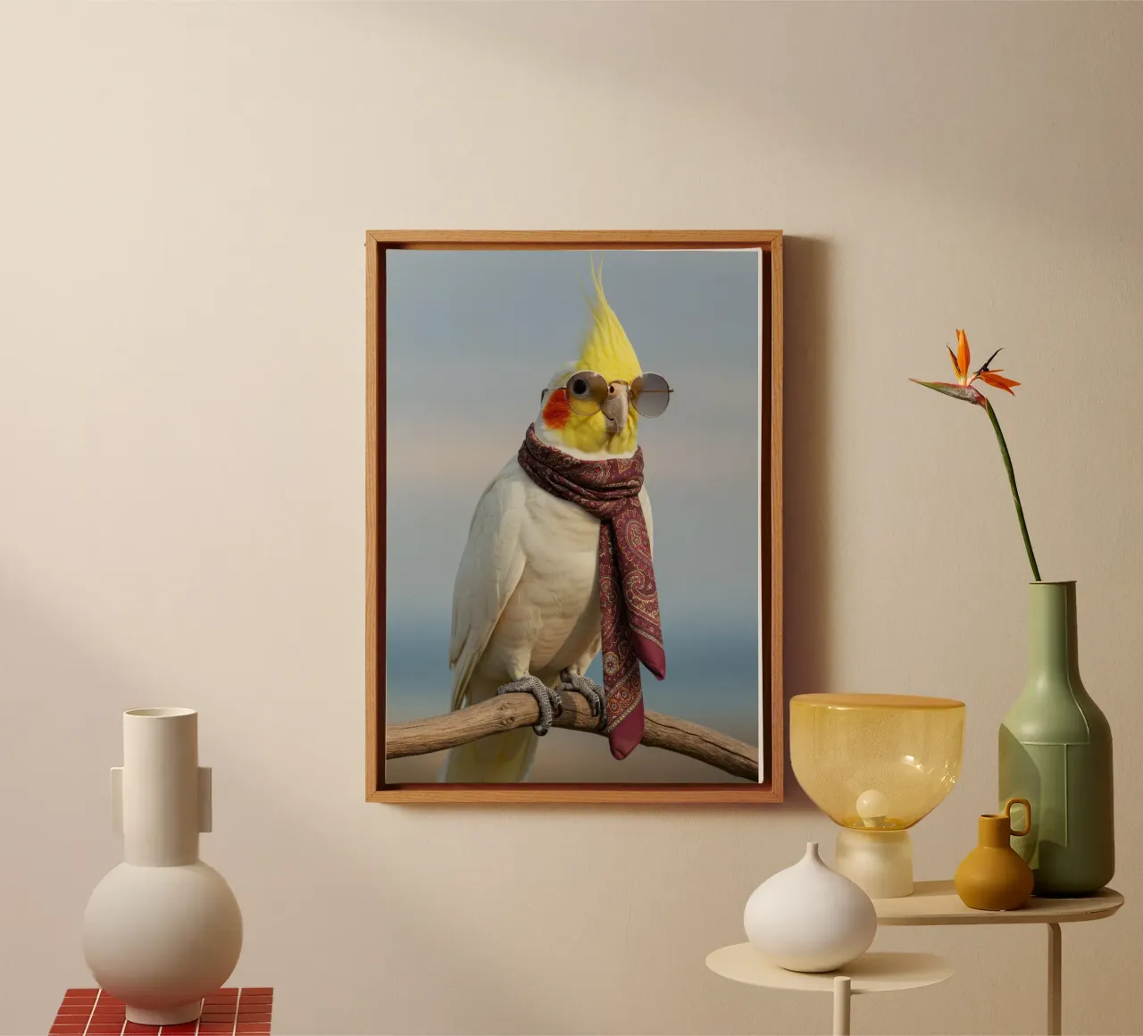 Simpática cacatúa lienzo con Marco flotante de Pawtrait Studio