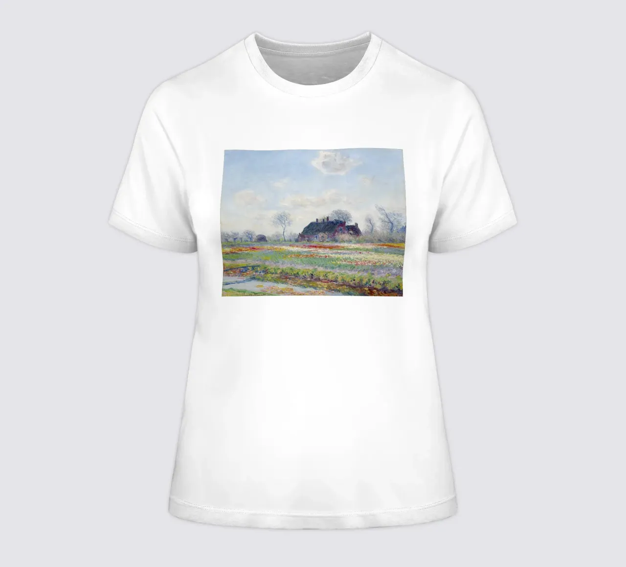 Claude Monet’s Tulip Fields at Sassenheim (1886) t-shirt da donna da Monet Art Prints