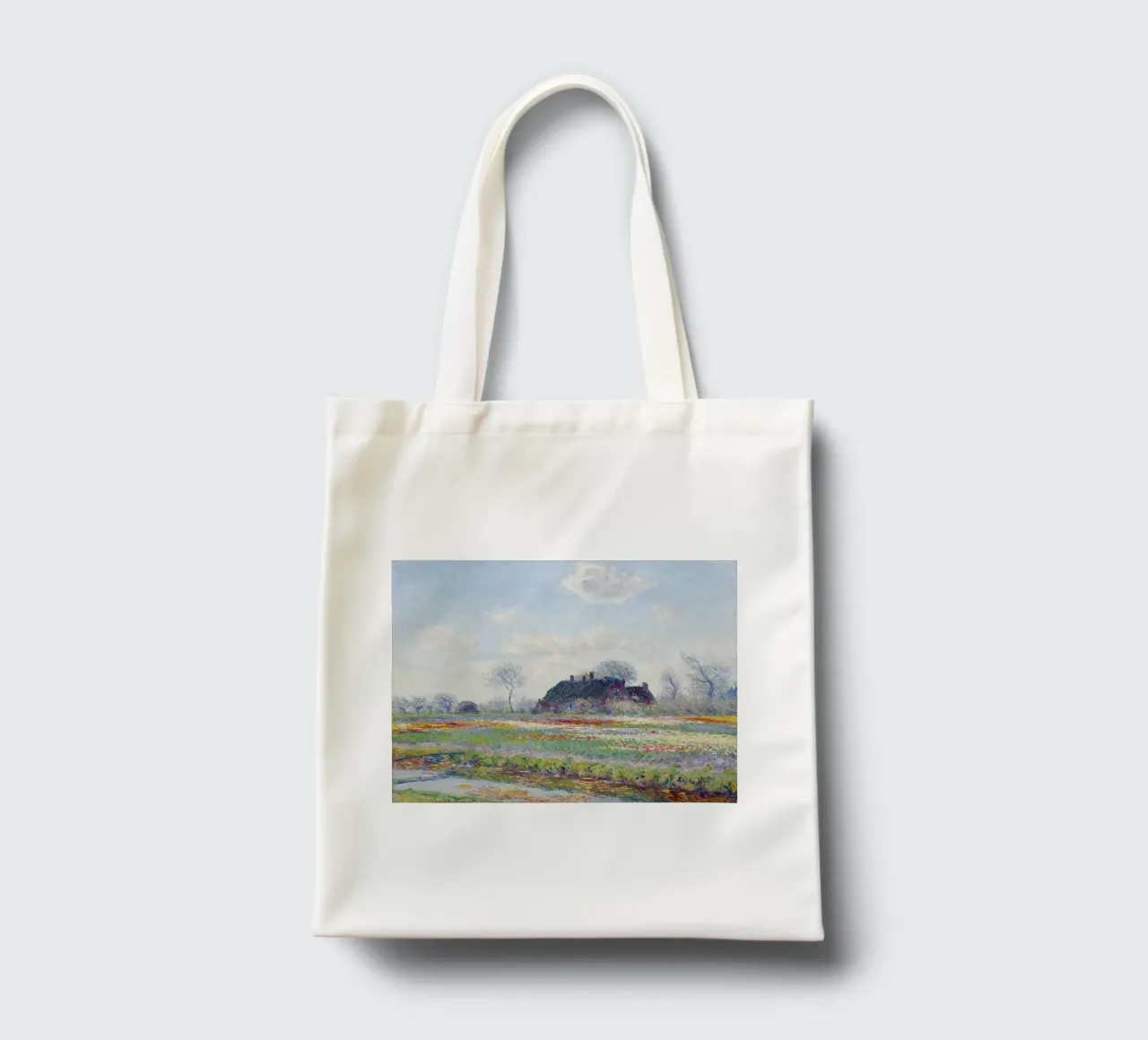 Claude Monet’s Tulip Fields at Sassenheim (1886) borsa in juta da Monet Art Prints