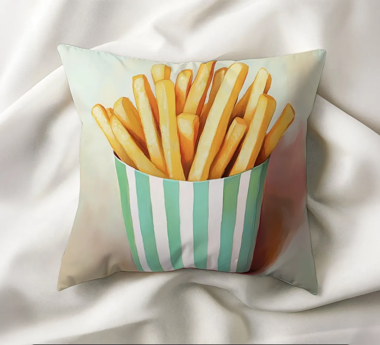 Frische Retro Pommes, grüne Streifen Kissen von Carinaprint