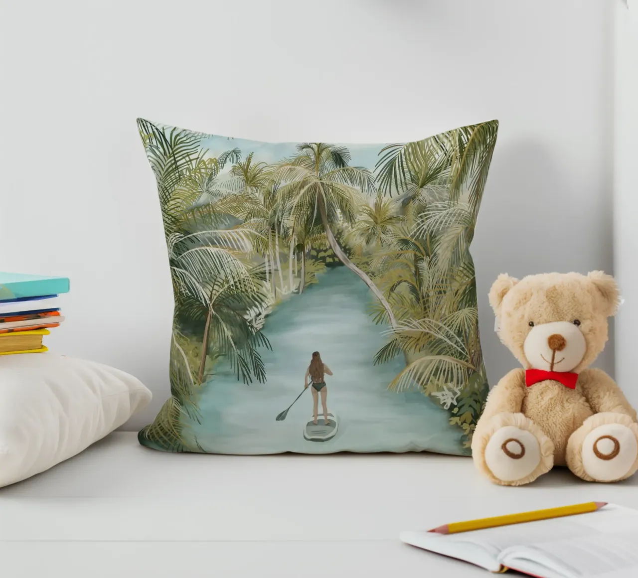 Boho Paddle Boarding Giungla Natura Tropicale Fiume Palme cuscino da This Wild Soul - Illustration
