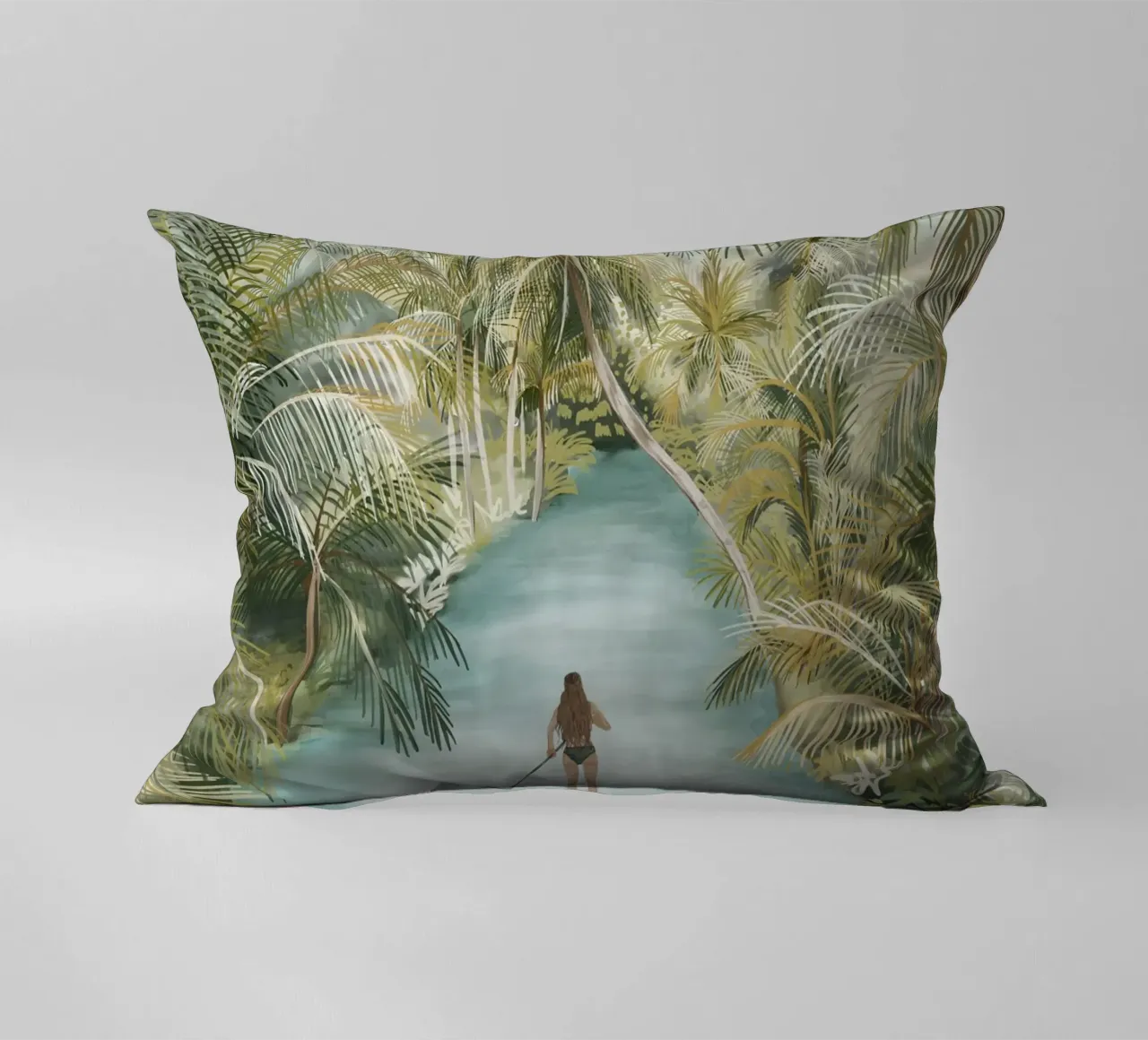 Boho Paddle Boarding Giungla Natura Tropicale Fiume Palme cuscino da This Wild Soul - Illustration