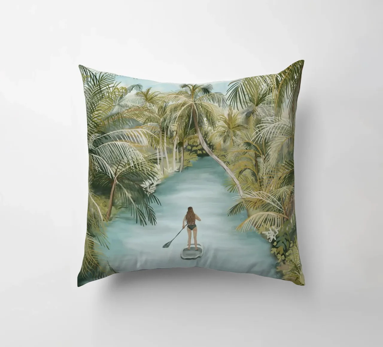 Boho Paddle Boarding Giungla Natura Tropicale Fiume Palme cuscino da This Wild Soul - Illustration