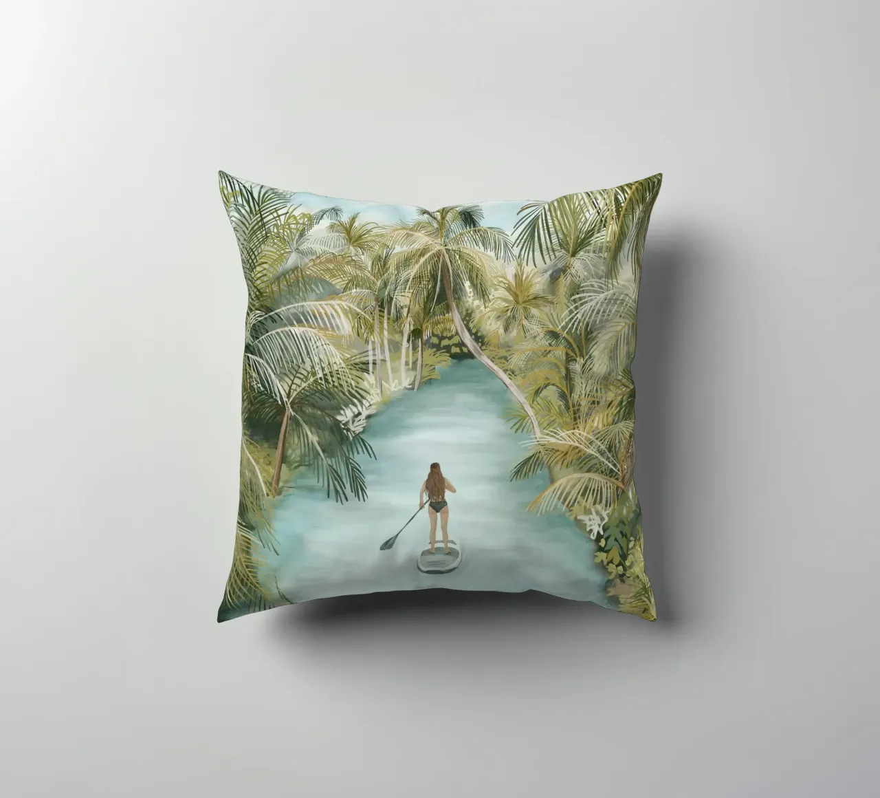 Boho Paddle Boarding Giungla Natura Tropicale Fiume Palme cuscino da This Wild Soul - Illustration