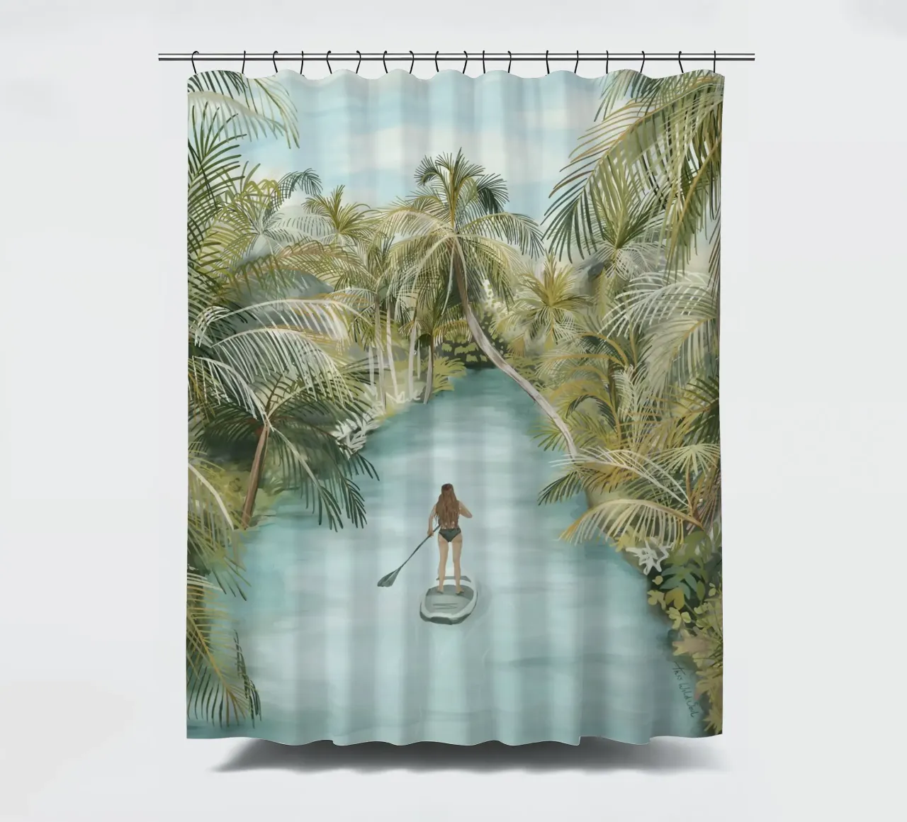 Boho Paddle Boarding Jungle Tropical Nature River Palm Trees shower curtain by This Wild Soul - Illustration