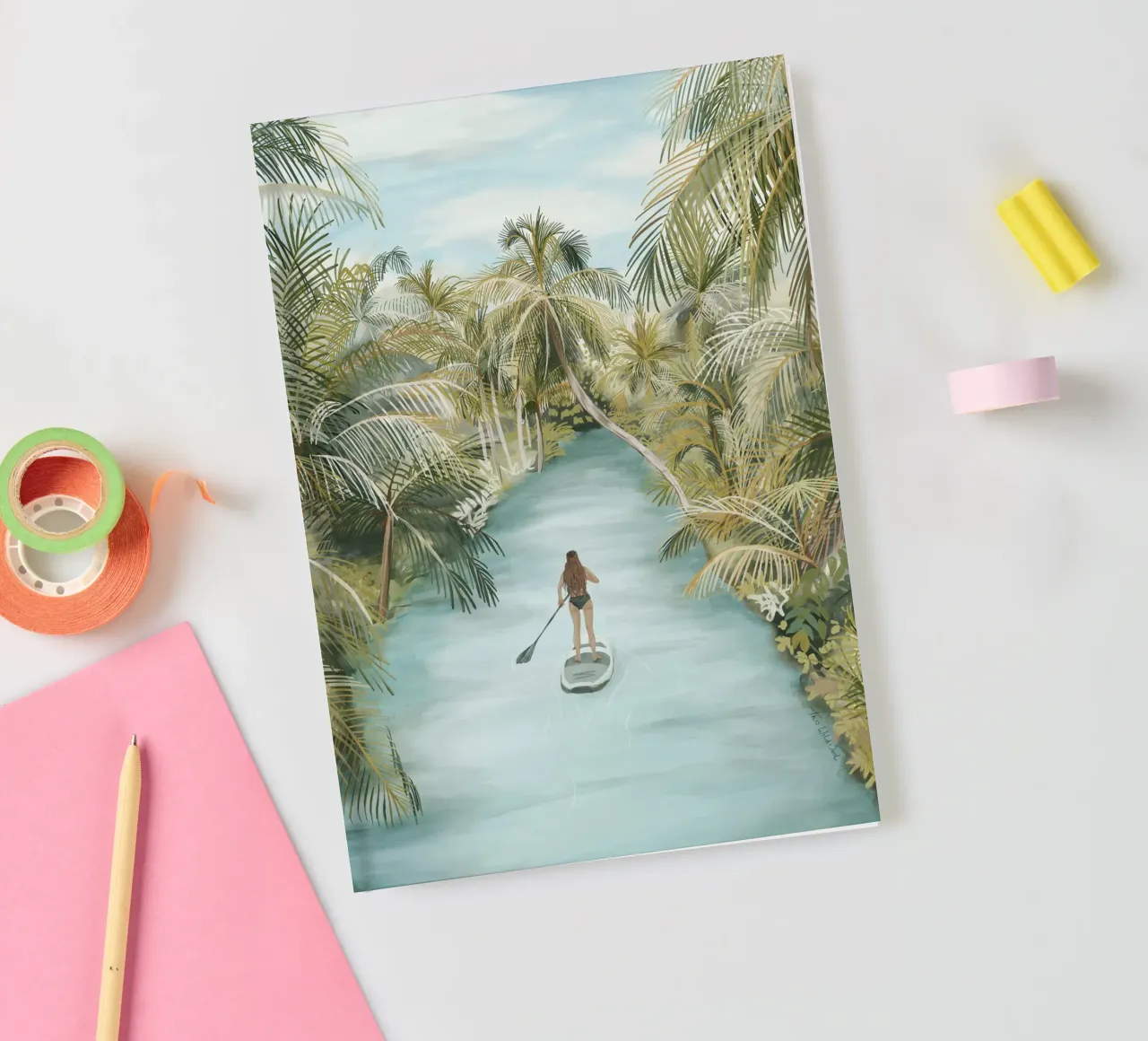 Boho Paddle Boarding Jungle Tropical Nature River Palm Trees notebook by This Wild Soul - Illustration