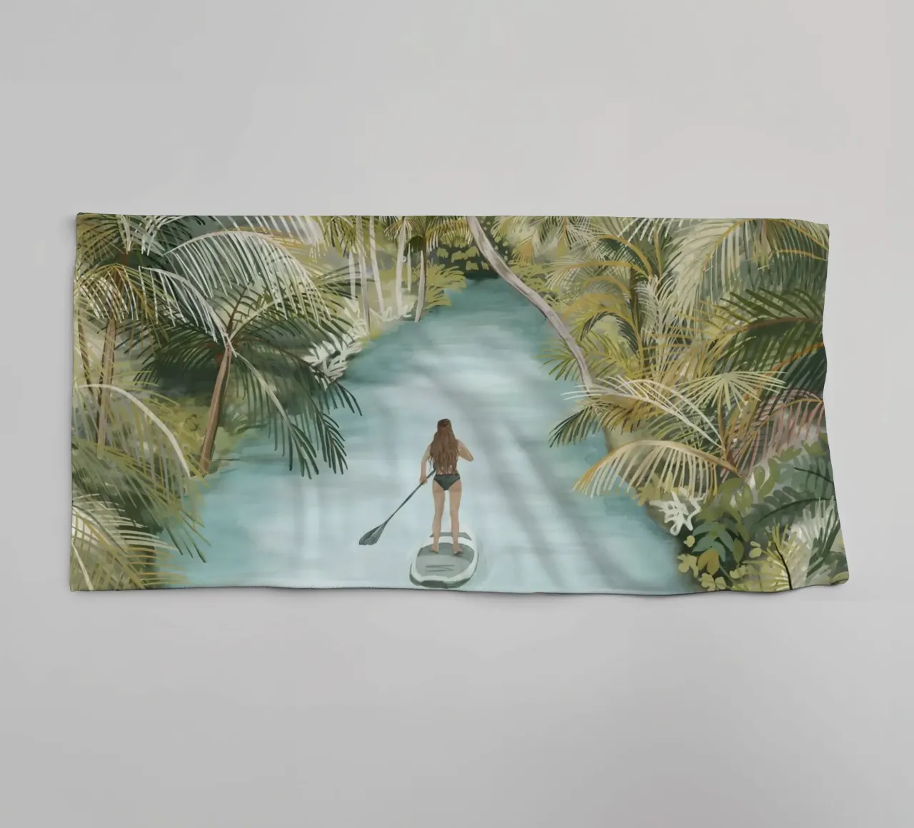 Boho Paddle Boarding Jungle Tropical Nature River Palm Trees towel by This Wild Soul - Illustration