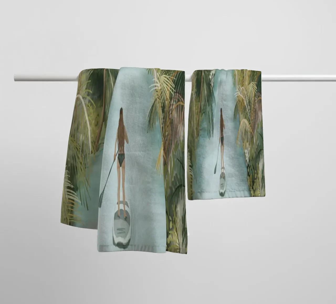 Boho Paddle Boarding Jungle Tropical Nature River Palm Trees towel by This Wild Soul - Illustration
