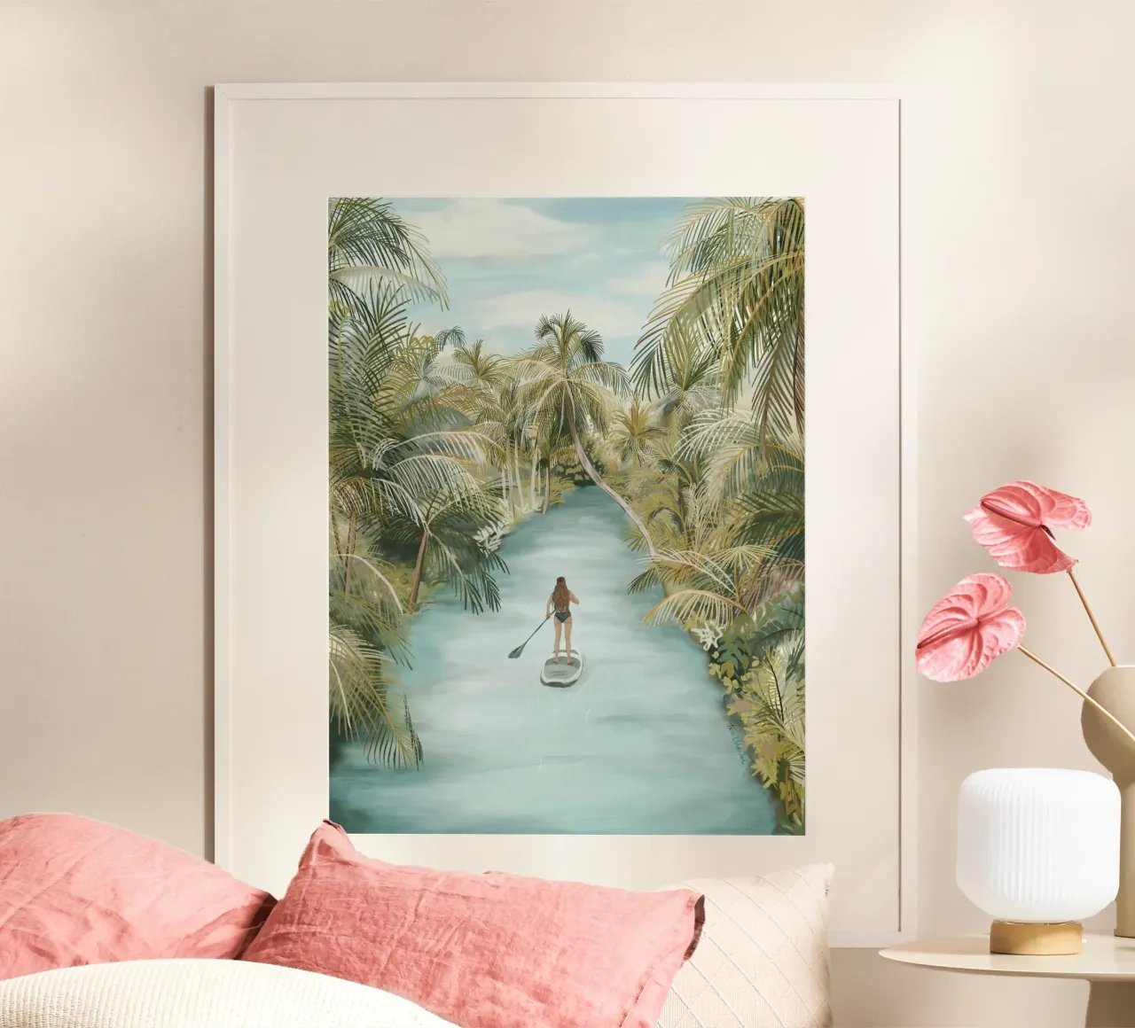 Boho Paddle Boarding Giungla Natura Tropicale Fiume Palme carta hahnemühle da This Wild Soul - Illustration