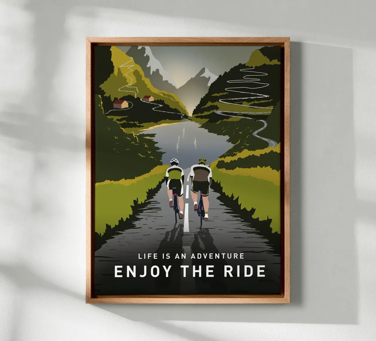 Das Leben ist ein Abenteuer, Genießen Sie die Fahrt, Radfahren Poster Leinwand mit Schattenfugenrahmen von Classicprint