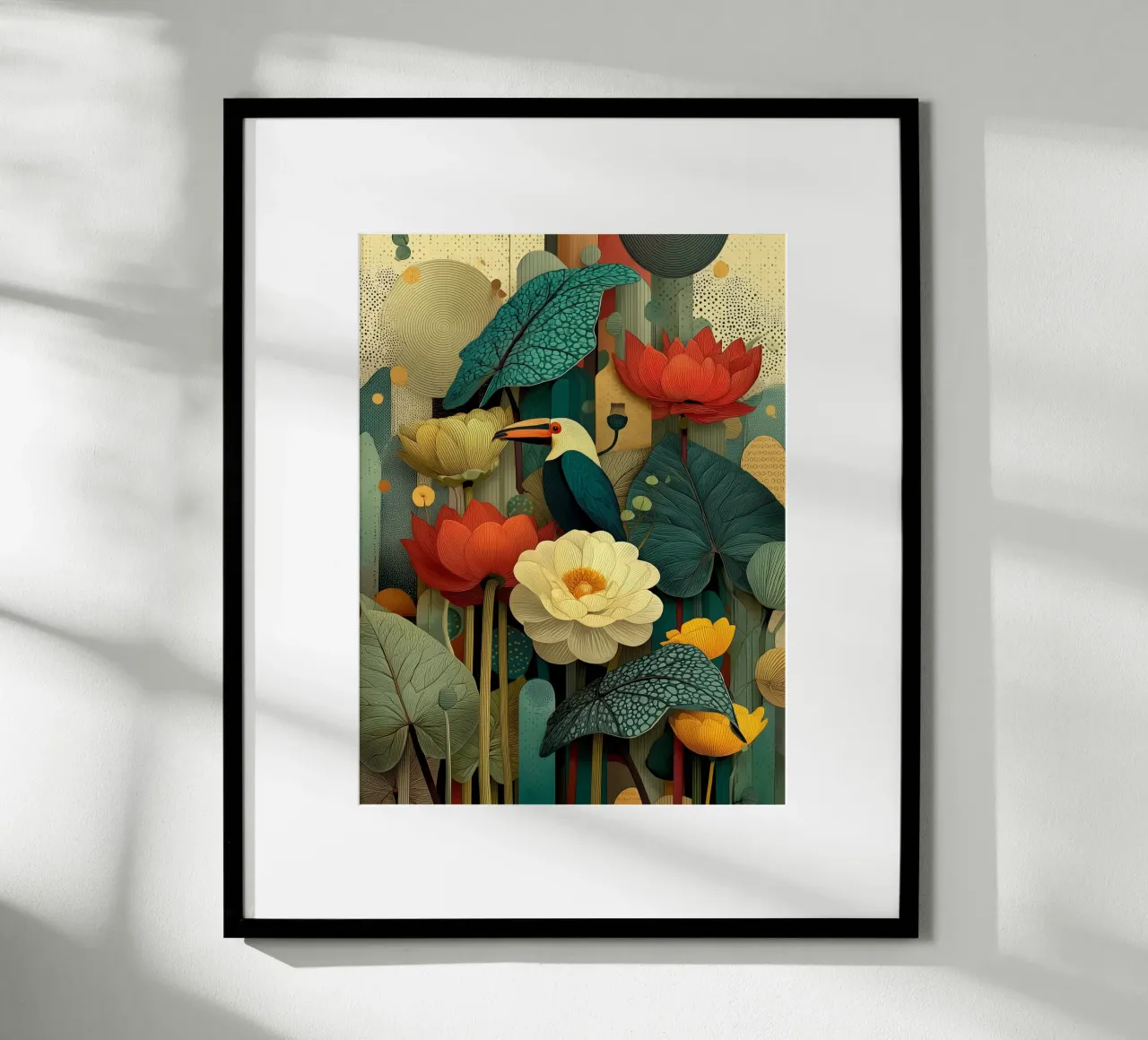 Uccello e fiori tropicali poster con telaio in alluminio da Little Things